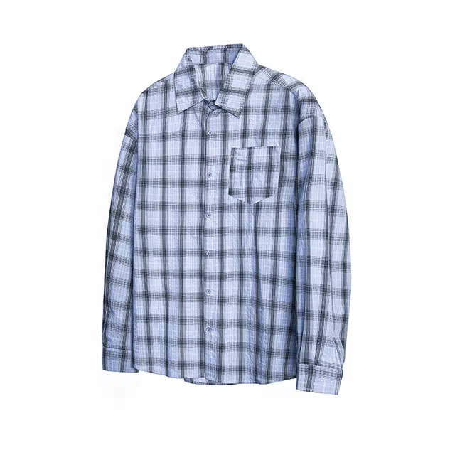 欧路得 肌理感格子长袖男女夏季薄款宽松慵懒风衬衣百搭情侣外套衬衫 男款