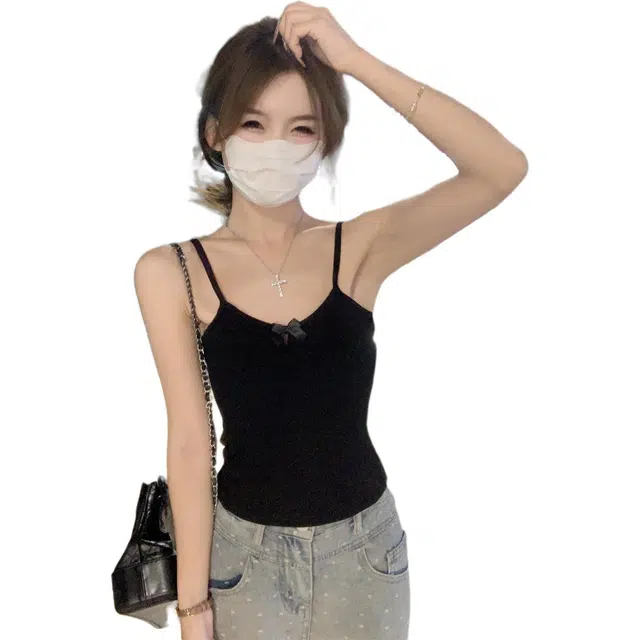 水中花 秋季韩系修身镂空蝴蝶结含胸垫短款百搭背心吊带 女款