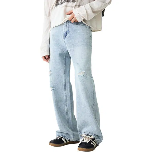 潮人榜 美式复古乞丐裤男士宽松直筒夏季垂感长裤不规则破洞牛仔裤 男女同款