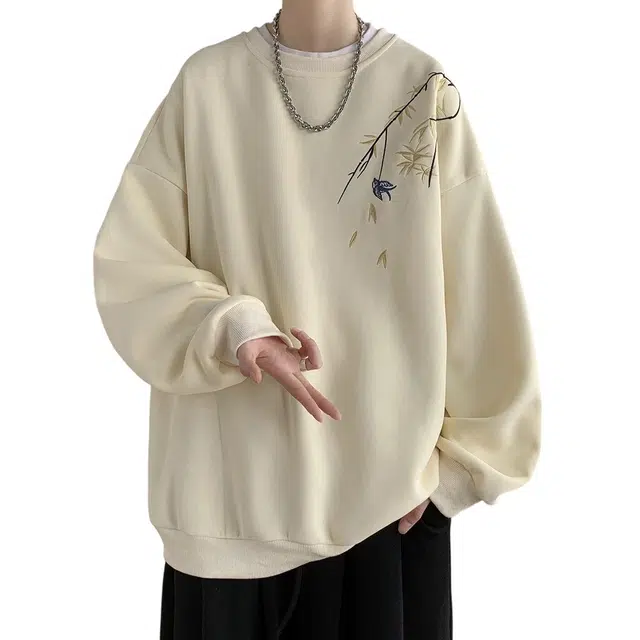 顶峰保罗 新中式竹叶刺绣加绒圆领无性别主义国风宽松大码直筒上衣套头衫潮牌简约时尚高街休闲百搭长袖卫衣 男女同款