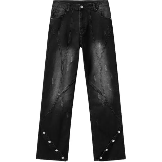 爱肯 学院风美式水洗做旧拼接解构设计复古潮牌时尚个性显高显瘦宽松直筒垂感休闲牛仔裤 男女同款