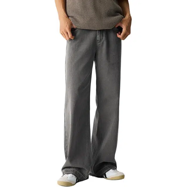 潮人榜 美式高街复古窄版直筒长裤情侣款宽松裤脚毛边设计纯棉休闲裤 男女同款