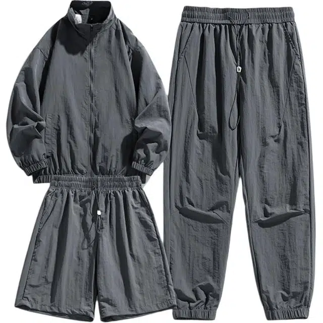 金盾 纯色五分裤长裤长袖薄款宽松立领休闲运动套装 男款