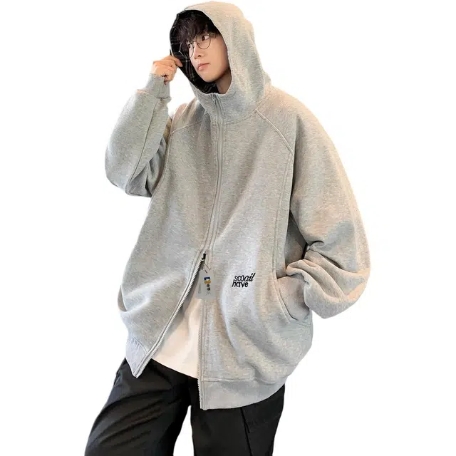 地界二 美式复古拉链开衫男潮牌宽松休闲格纹百搭连帽外套卫衣 男款