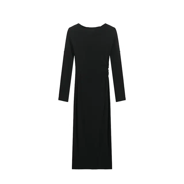 雾闪闪 设计感女修身显瘦内搭高级感复古开叉长裙长袖连衣裙 女款