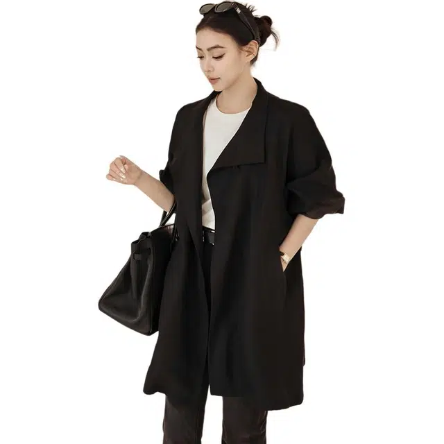 美洋 亚麻混纺宽松腰带风衣 女款