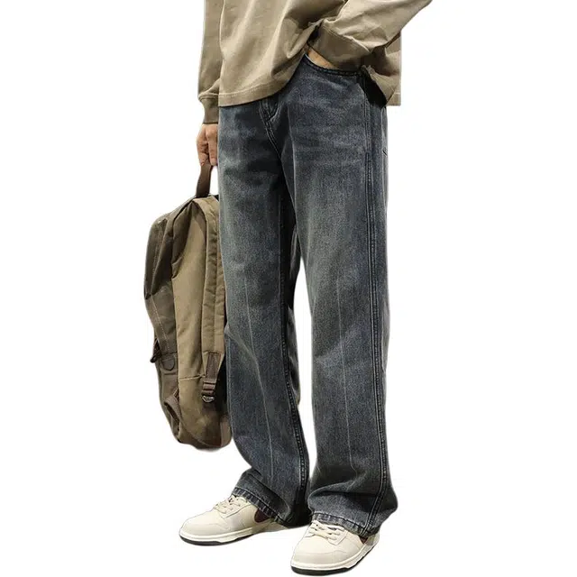 路杰邦 阔腿休闲长裤子男士秋季百搭舒适时尚宽松男裤潮流直筒微喇复古水洗牛仔裤 男款