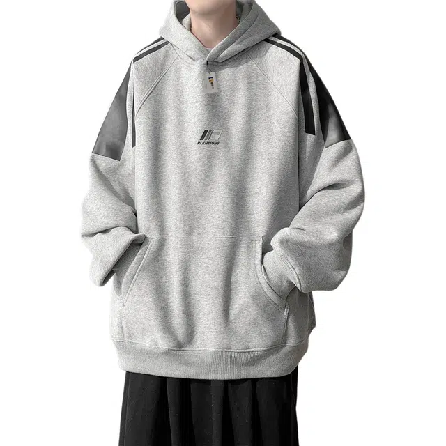 地界二 冬季加绒加厚连帽男美式复古宽松撞色拼接保暖百搭套头帽衫卫衣 男款