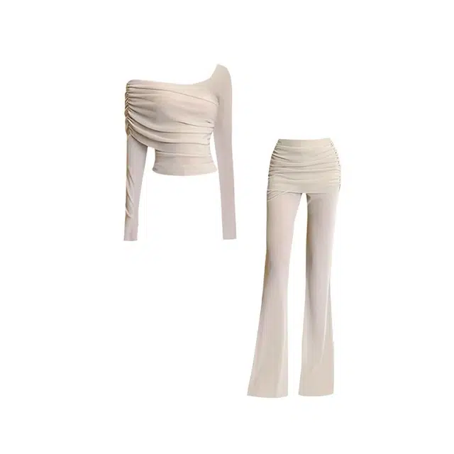 海獭 纯欲御姐风一整套女夏季修身一字肩不规则上衣微喇拖地裤休闲套装两件套 女款