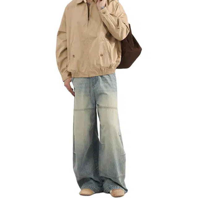 宝米卡 美式复古弯刀裤小众拼接设计感阔腿宽松痞帅情侣牛仔裤 男女同款