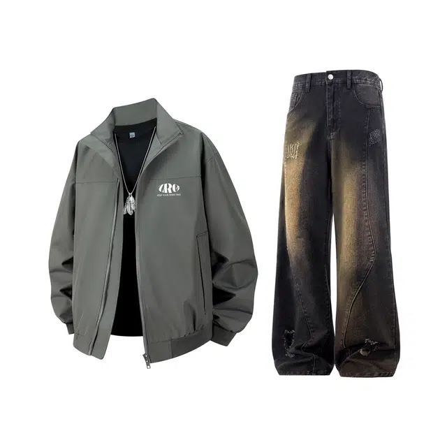 梓润格 美式飞行夹克秋季立领棒球服工装外套春高街破洞小众简约宽松高级户外旅游港风氛围设计感舒适直筒水洗休闲运动套装 男女同款