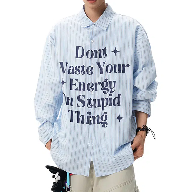 冈哉 美式学院风撞色字母印花条纹拼接设计时尚复古潮流宽松休闲落肩翻领单排扣百搭街头长袖衬衫 男女同款