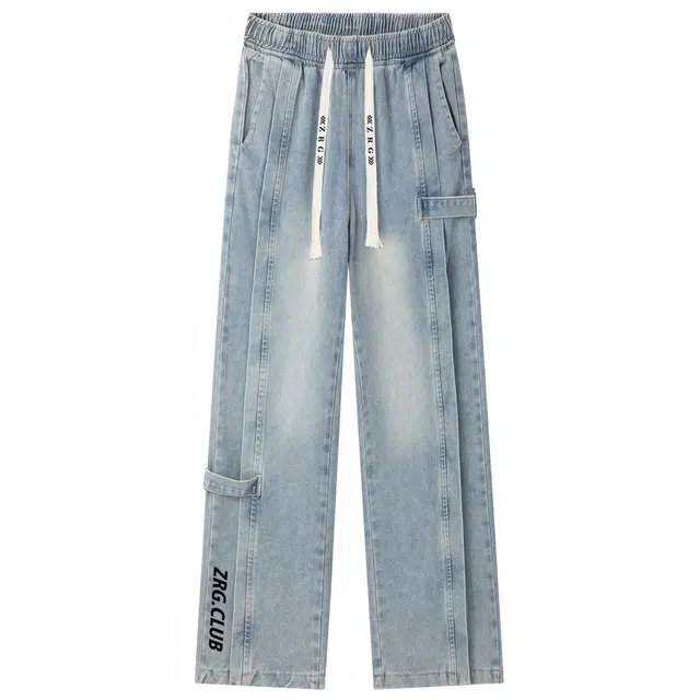 梓润格 绑带拼接设计美式高街复古运动风百搭高级感潮流日常通勤显高直筒牛仔裤 男女同款