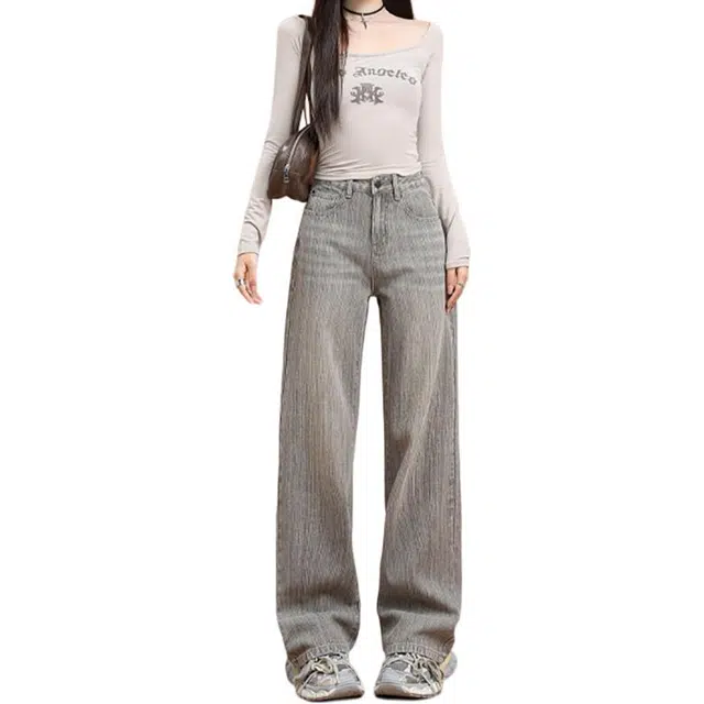 如续 如续美式轻奢超柔莱赛尔竹节纹拼接宽松阔腿裤牛仔裤 女款