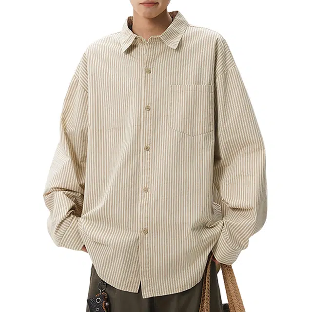 冈哉 美式复古简约基础款条纹做旧设计时尚潮流舒适透气百搭宽松休闲落肩翻领长袖衬衫 男女同款