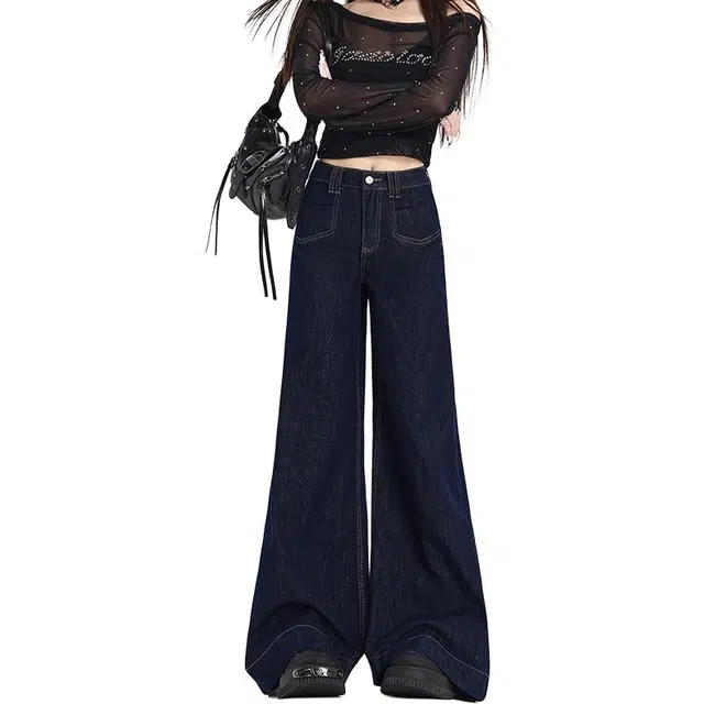 黛尔佳人 阔腿裤女高腰垂感宽松显瘦百搭拖地直筒长裤牛仔裤 女款