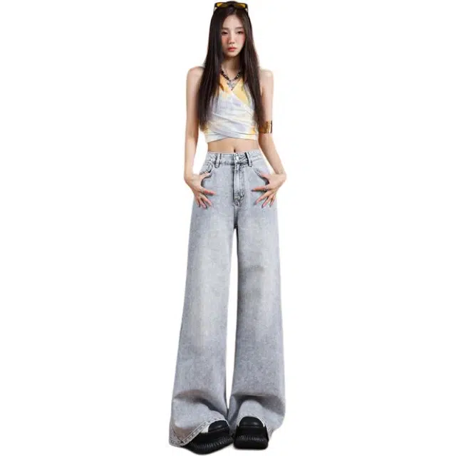 如续 如续韩感心动舒适超柔莱赛尔云雾灰阔腿裤显瘦垂感牛仔裤 女款