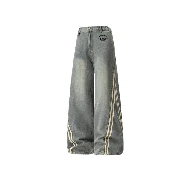 梓润格 美式复古条纹印花时尚百搭高街潮牌阔腿裤小众设计感基础简约宽松垂感休闲长裤牛仔裤 男女同款