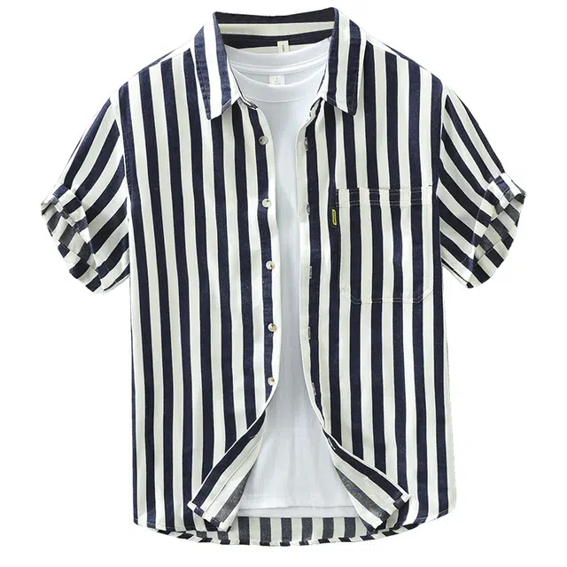 么宁 日系条纹短袖衬衣潮流时尚简约百搭休闲外套舒适透气个性上衣宽松翻领衬衫 男女同款