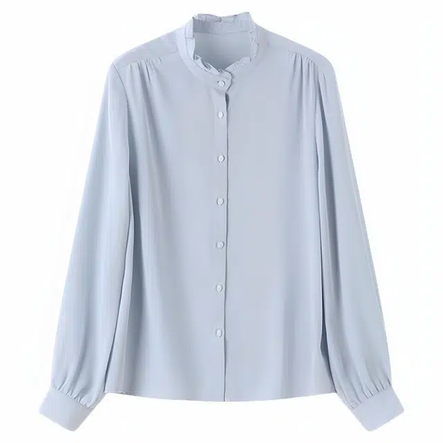 潞优野 透气雪纺宽松木耳荷叶边领口设计感小衫秋季长袖衬衫 女款