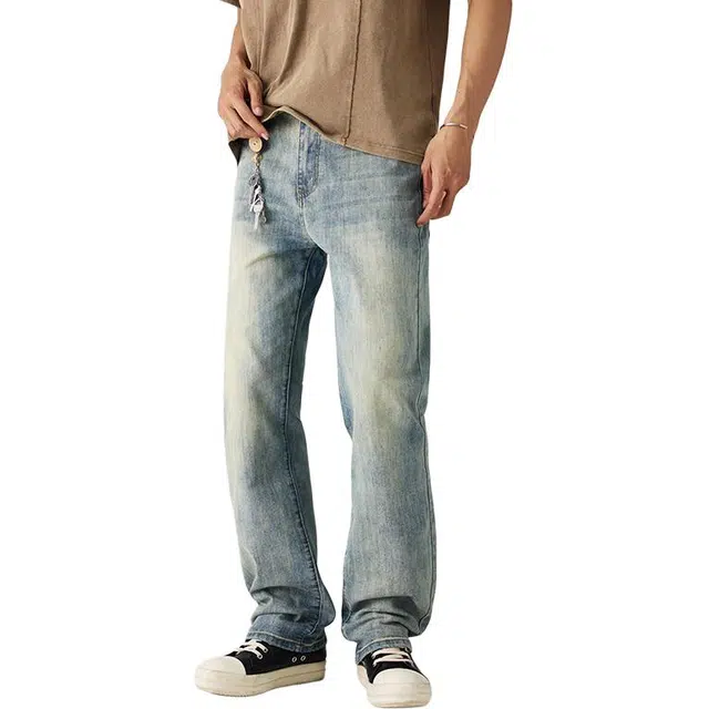 潮人榜 美式高街复古水洗磨白休闲长裤男士宽松弹力窄版直筒牛仔裤 男女同款