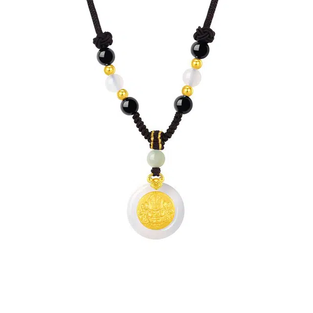 金大福 【八方来财】黄财神平安扣锁骨链 新中式国风国潮民族风 财源广进招财纳福 配精工编绳 礼盒装#好运 玉髓 项链 女款