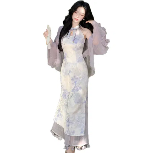 敲模女孩 新中式挂脖水滴领印花显白收腰开叉旗袍裙外搭防晒雪纺披肩裙装套装 女款