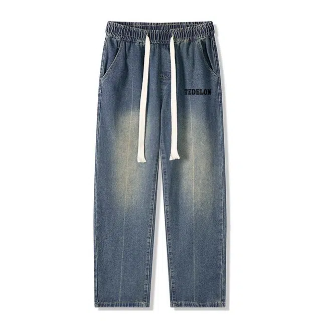 太子龍 美式高街风舒适痞帅宽松潮流百搭系带无性别主义直筒牛仔裤 男款