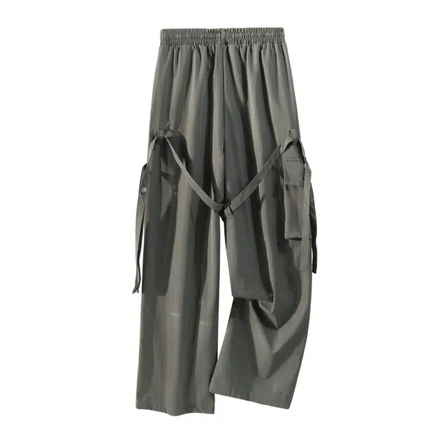 冰飞 美式高街复古直筒垂感阔腿户外休闲机能风降落伞褶皱飘带设计百搭无性别工装裤 男女同款