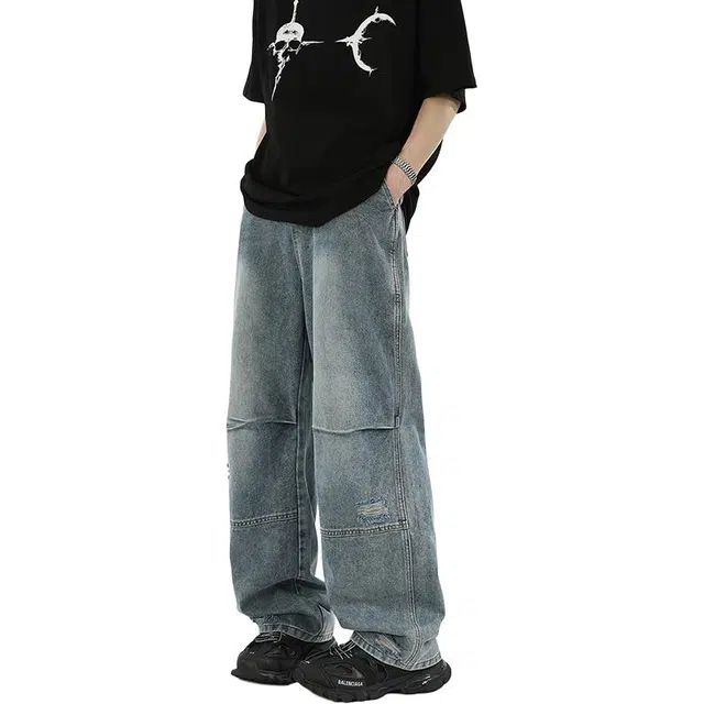 协协乐 复古做旧水洗美式潮牌春秋季宽松直筒阔腿拖地裤磨破破洞设计感百搭休闲运动长裤牛仔裤 男款