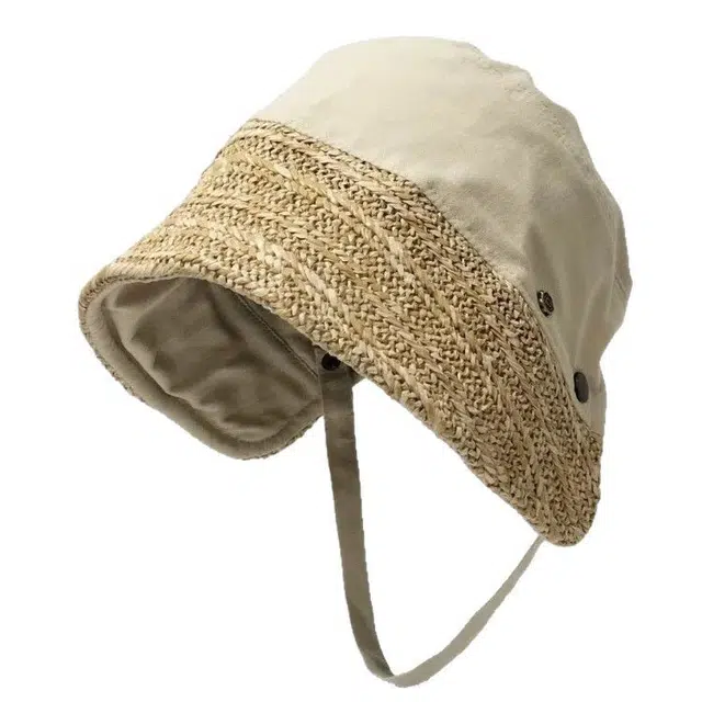 雅鹿优选 韩系草编拼接大檐太阳帽显脸小夏季户外骑车百搭时尚出游防晒 绵涤 渔夫帽 女款