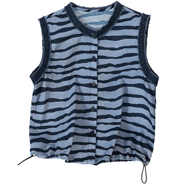 她池 设计感文艺撞色圆领单排扣抽绳正肩无袖背心 女款 条纹