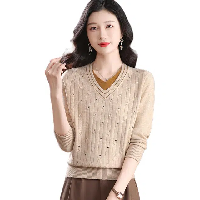 恒源祥 质感纹路百搭宽松显瘦纯色套头长袖打底针织衫 女款