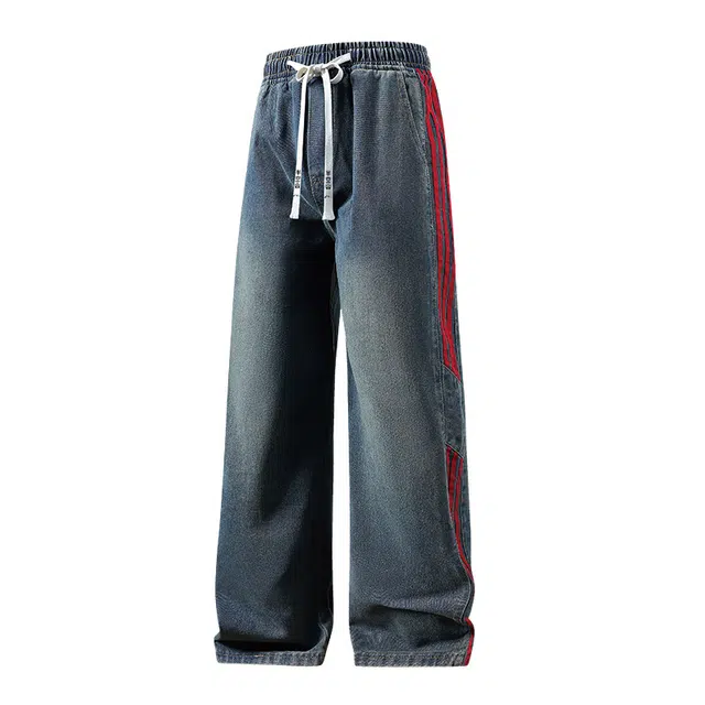 半空山 美式复古水洗做旧三条杠条纹拼接松紧腰刺绣系带宽松垂感柔软百搭阔腿牛仔裤 男女同款