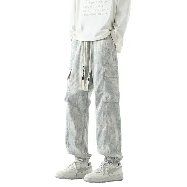 敦煌博物馆 美式高街复古户外通勤抽绳系带扎染设计大口袋机能休闲宽松大码舒适百搭显高显瘦束脚工装裤 男女同款