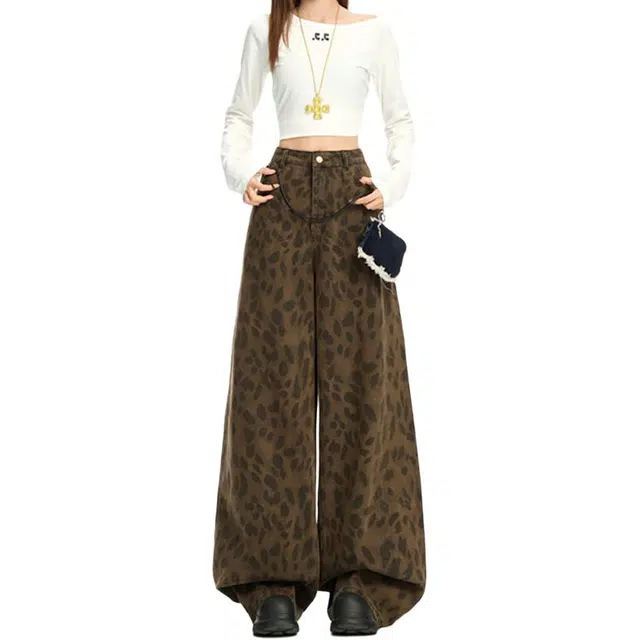 如续 如续秋冬美式复古风水洗豹纹设计女宽松垂感面料显瘦拖地裤休闲裤牛仔裤 女款