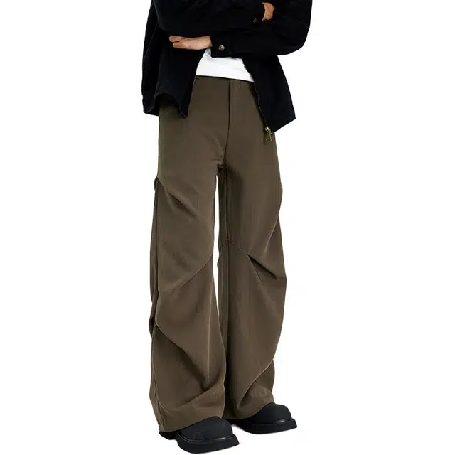 潮人榜 美式高街层次感打褶设计工装长裤情侣款宽松阔腿复古弹力直筒休闲裤 男女同款