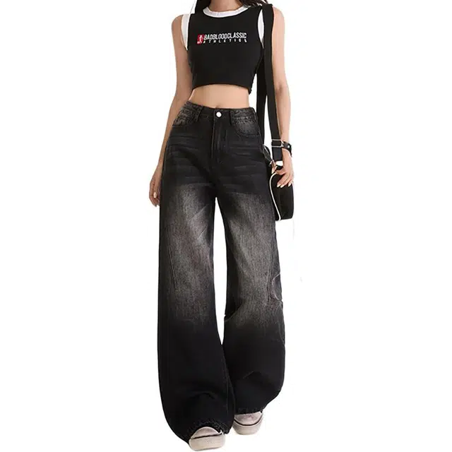 如续 如续美式复古洗水高腰直筒阔腿裤女垂感宽松拖地裤子牛仔裤 女款