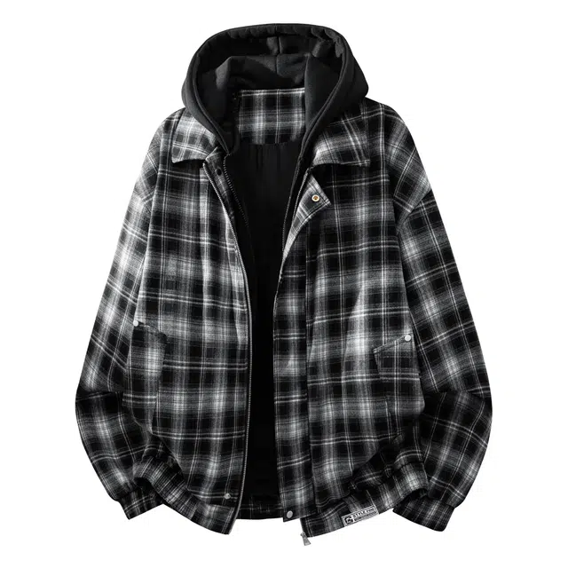 中国航天 假两件叠穿多彩格纹拼接美式高街复古户外基础宽松长袖落肩休闲百搭通勤出行拉链连帽飞行员教练夹克外套 男女同款