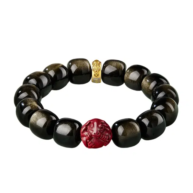 宣华意 新中式国潮复古小众百搭朱砂十二生肖本命年转运珠文玩佛珠盘玩手链 平安纳福 诸事顺遂 八方来财 黑曜石 手串 男女同款情侣款