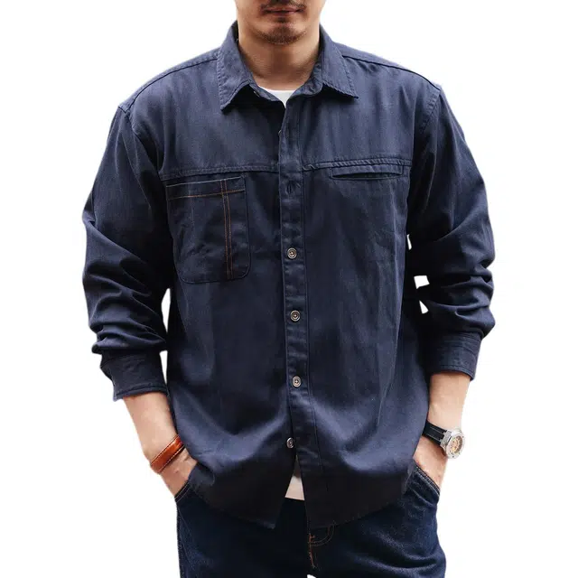 格蓝鹿 春秋季 日系复古文艺青年风工装翻领长袖男士城市机能大码纯色拼接口袋设计潮牌休闲上衣外套衬衫 宽松 男女同款