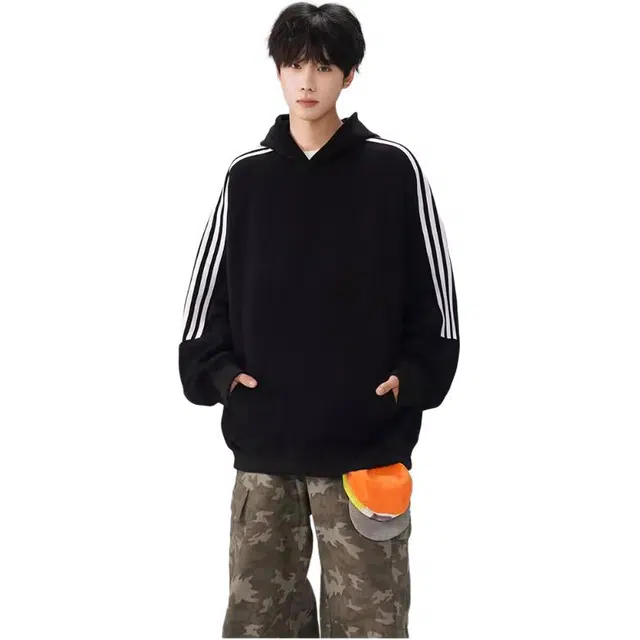 颂希尔 美式港风三条杠春秋潮牌重磅硬挺连帽衫高级感痞帅条纹外套卫衣 男女同款