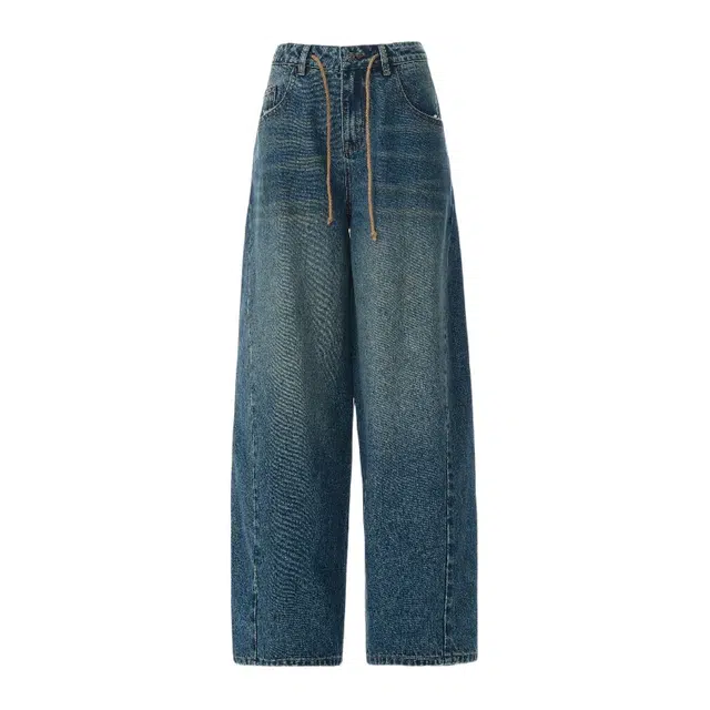 花蔓色 美式复古时尚做旧蓝阔腿女夏季水洗高腰抽绳设计宽松舒适休闲百搭直筒牛仔裤 女款