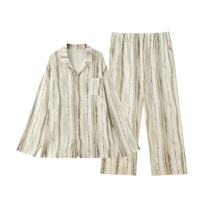 俏薇妮 春秋款纯棉纱布婴儿棉带胸垫一体条纹长袖长裤睡衣套装 女款