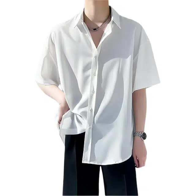 金盾 休闲百搭韩版潮流薄款冰丝短袖宽松衬衫 男款