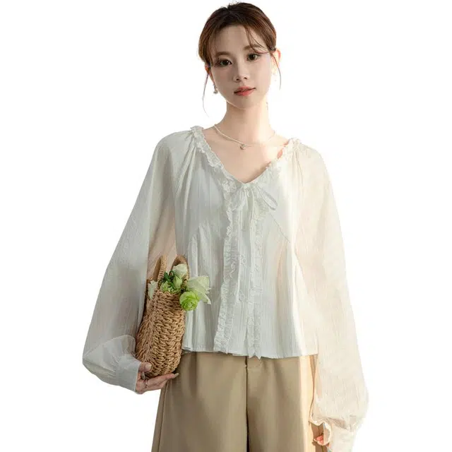 柏黛妃 韩系甜美木耳花边松弛感衬衫 女款
