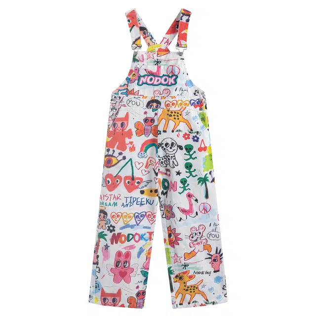 海獭 小个子减龄甜美直筒休闲百搭裤子涂鸦多巴胺背带裤 女款