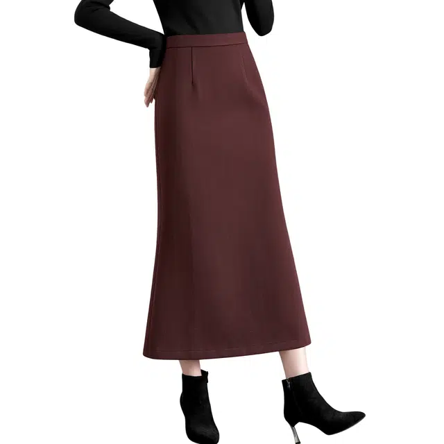 她池 高腰包臀优雅鱼尾裙纯色气质开叉休闲长裙 女款 安可拉红