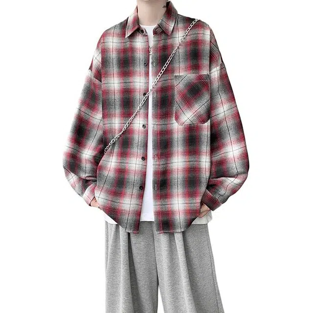 金盾 大码秋季男衬衣外套港风格子磨毛长袖宽松衬衫 男款