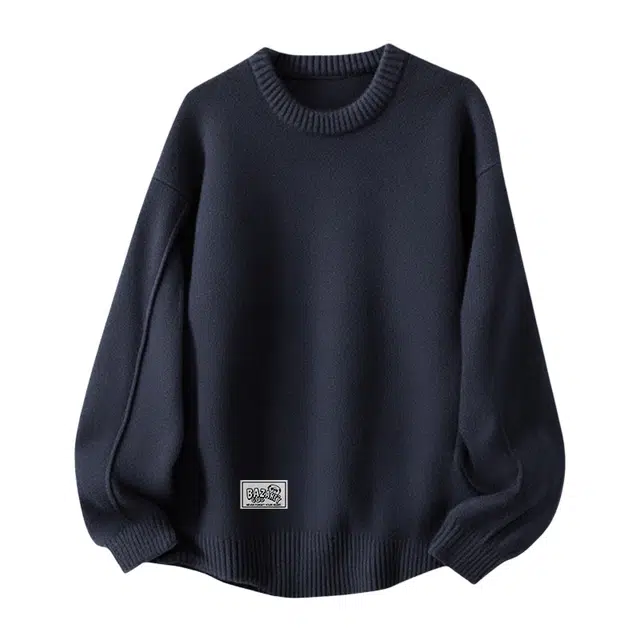 吾皇猫 原创美式复古高街简约基础款学院风圆领套头长袖针织上衣慵懒风时尚贴布外套潮流潮牌百搭毛衣 男女同款